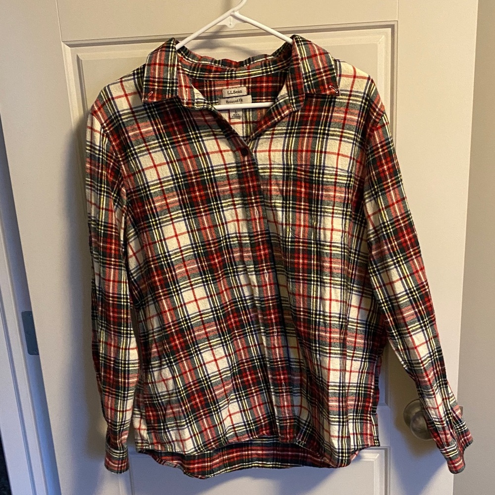 L.L. Bean Red, Cream & Black Plaid Flannel Shirt